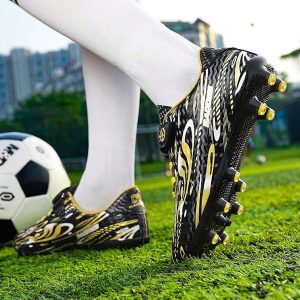 Unisex Long Spike High Top Football Shoes, Lightweight Breathable Shock Absorbing Non-Slip Durable Fashionable Cleats For Outdoor Grass Field Soccer Training & Game Black