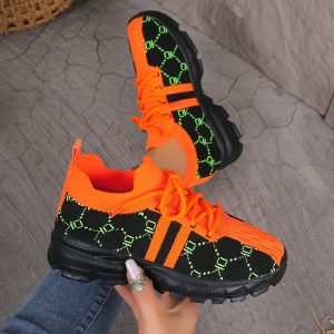 Women's Breathable Knit Running Shoes with Geometric Pattern, Non-Slip Sole, Vibrant Orange