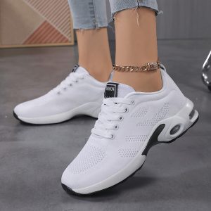 Women's Air Cushioned Sports Shoes, Fly Woven Shock-absorbing Running Shoes, Lace Up Comfortable Outdoor Sports Shoes